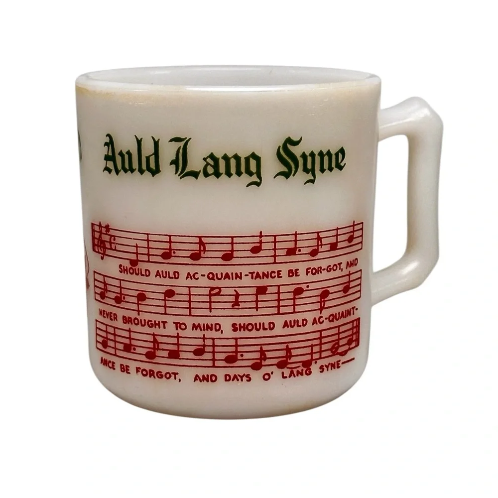 Hazel-Atlas Tom & Jerry “Auld Lang Syne” Milk Glass Mug Red Green Holiday 1950s - Picture 2 of 8